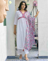 SKYLEE Women Embroidered Straight Kurta Set with Pant & Dupatta | Indian Ethnic Wear | Cotton Blend Kurti Suit for Women Malaysia Online Shopping