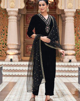 SKYLEE Women’s Velvet Sequins Embroidered Kurta Set with Dupatta | Premium Indian Ethnic Wear Malaysia | Party Wear Kurti Palazzo Set Online