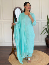SKY COLOURED  WOMEN'S PURE COTTON  KURTA  WITH PANT DUPATTA  SET