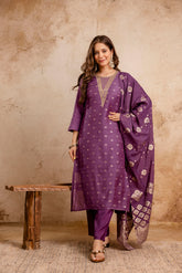 Rust Embroidered Maslin Kurta Set for Women | Stitched Suit with Weaving Jacquard Work & Chanderi Dupatta | Ready to Wear Ethnic Wear Malaysia