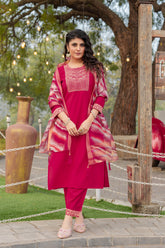 Tisha Pink Roman Silk Kurta Set with Bottom & Organza Dupatta | Embroidered 3-Piece Ethnic Wear – Malaysia