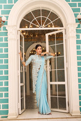 SKU BLUE READY TO WEAR SAREE WITH FULLY EMBROIDERED BLOUSE 