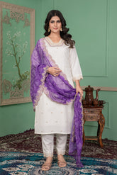 WHITE COLOURED WOMEN'S ROMAN SILK EMBROIDERED KURTA WITH PANT DUPATTA SET