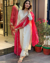 V-Neck White kurta with pant & dupatta
