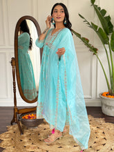 SKY BLUE  COLOURED WOMEN'S REYON SLUB WITH KHADI PRINT KURTA SET
