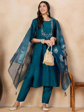 TEAL COLOURED  WOMEN'S  VISCOSE CHANDERI  EMBROIDERED  KURTA WITH PANT DUPATTA SET