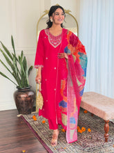 SIYA PINK COLOURED  WOMEN'S VISCOSE CHANDERI  EMBROIDERED  KURTA WITH PANT DUPATTA SET