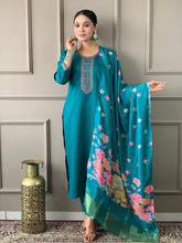 SOFIA BLUE COLOURED  WOMEN'S VISCOSE CHANDERI EMBROIDERED  KURTA WITH PANT DUPATTA SET