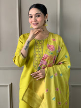 SOFIA YELLOW COLOURED  WOMEN'S VISCOSE CHANDERI EMBROIDERED  KURTA WITH PANT DUPATTA SET