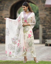 SONIKA WHITE  COLOURED  WOMEN'S GEORGETTE  EMBROIDERED  KURTA WITH PANT DUPATTA  SET