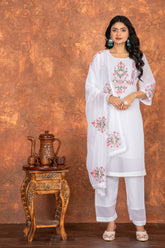 SUCHI WHITE COLOURED  WOMEN'S  HEAVY FAUX GEORGETTE  EMBROIDERED  KURTA WITH PANT DUPATTA  SET