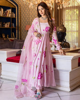 trendy Baby pink Coloured Flaired Kurta With Bottom And Beautifull Dupatta Set