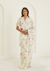 white Color georgette Saree With Sequence Work