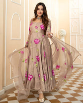 trendy Grey Coloured Flaired Kurta With Bottom And Beautifull Dupatta Set