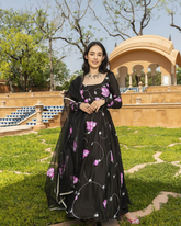 trendy bLACK Coloured Flaired Kurta With Bottom And Beautifull Dupatta Set