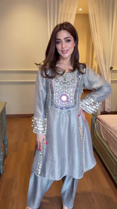 Silver Mirrorwork Kurta Set with Embellished Cuffs