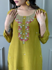 YELLOW  GREEN COLOURED  WOMEN'S VISCOSE CHANDERI KURTA WITH PANT DUPATTA  SET