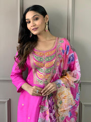 PINK  COLOURED  WOMEN'S VISCOSE CHANDERI KURTA WITH PANT DUPATTA  SET