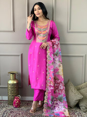 PINK  COLOURED  WOMEN'S VISCOSE CHANDERI KURTA WITH PANT DUPATTA  SET