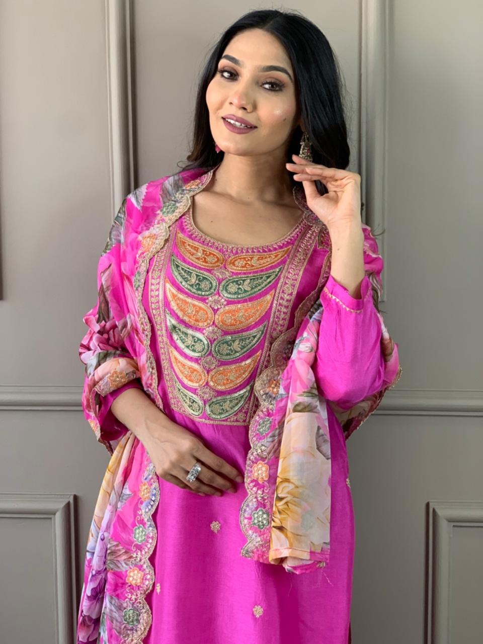 PINK  COLOURED  WOMEN'S VISCOSE CHANDERI KURTA WITH PANT DUPATTA  SET