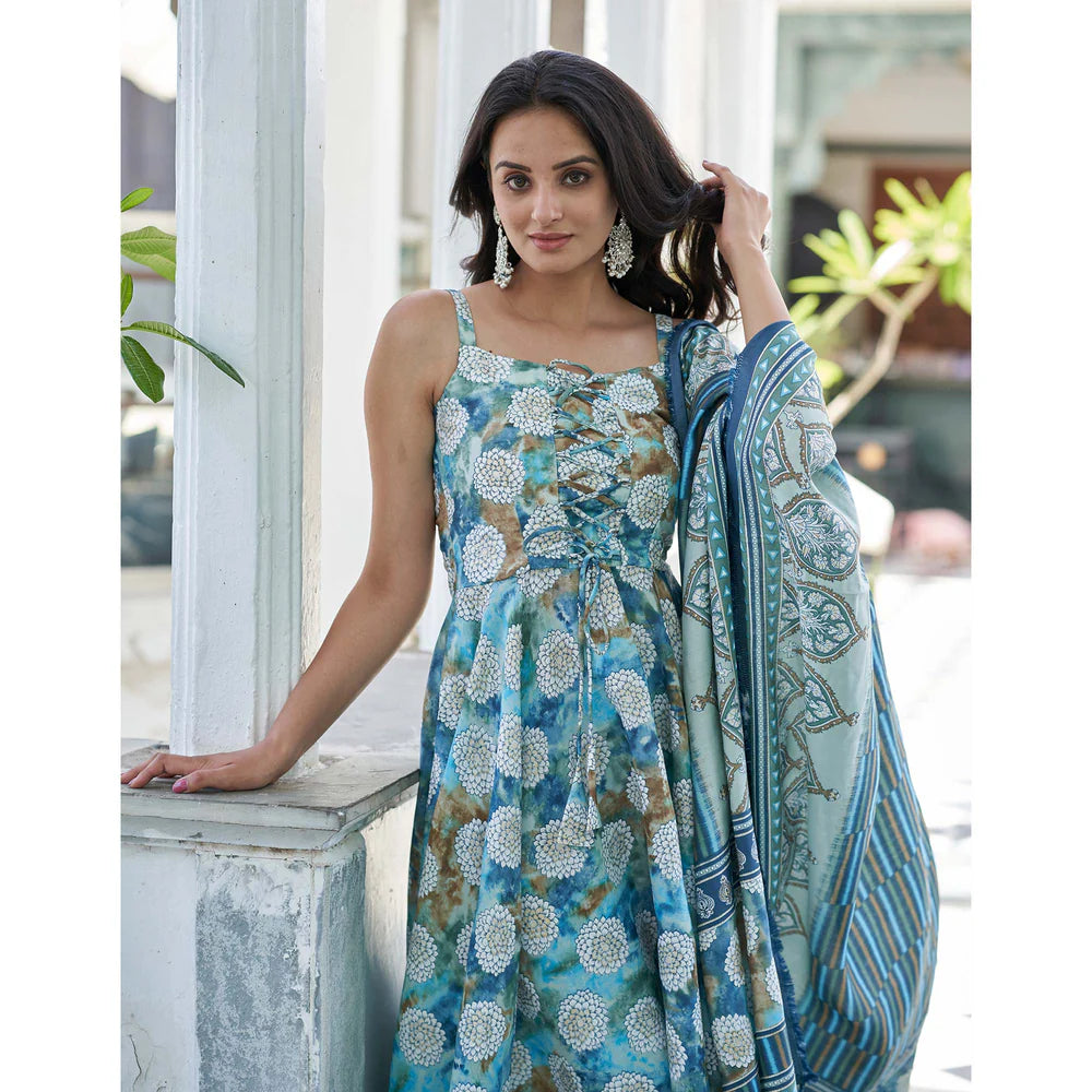 Premium Blue Printed Anarkali Style Chanderi Suit