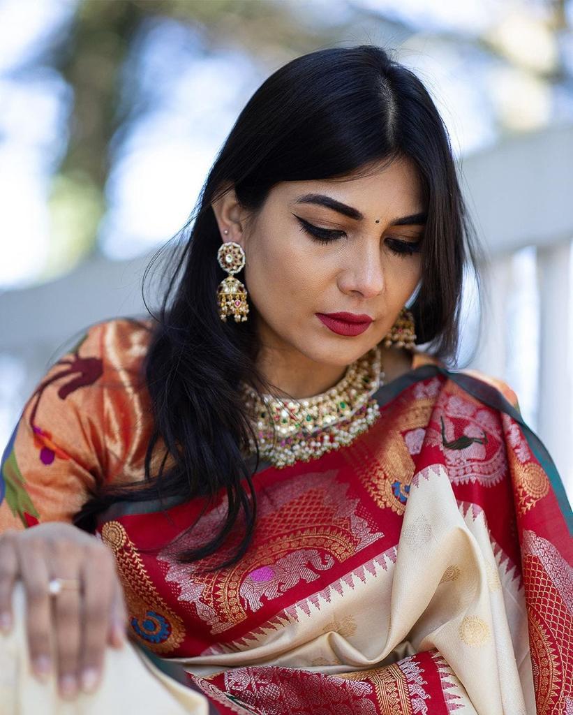 Red Floral Kanjeevaram Art Silk Saree With Geomatrical Border and Heavy Zari Pallu Traditional Saree