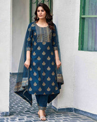 SKYLEE Women Block Print Cotton Blend Kurta Set with Pants & Net Dupatta | Ethnic Wear for Women Malaysia | Indian Suit | Traditional Kurti Set Online
