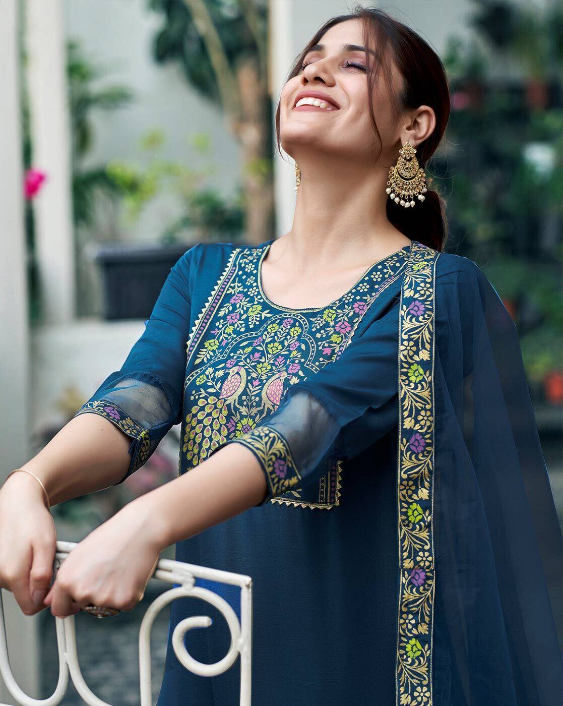 SKYLEE Women Printed Straight Kurta Set with Dupatta | Indian Ethnic Wear Online Malaysia | Cotton Blend Long Kurti Suit for Women | Party & Casual Outfit