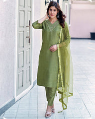 SKYLEE Women Embroidered Art Silk Straight Kurta Set with Pants & Net Dupatta | Latest Indian Ethnic Wear for Women Malaysia | Partywear Kurti Suit Online