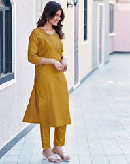 SKYLEE Women Embroidered Art Silk Straight Kurta Set with Pants & Net Dupatta | Latest Indian Ethnic Wear for Women Malaysia | Partywear Kurti Suit Online