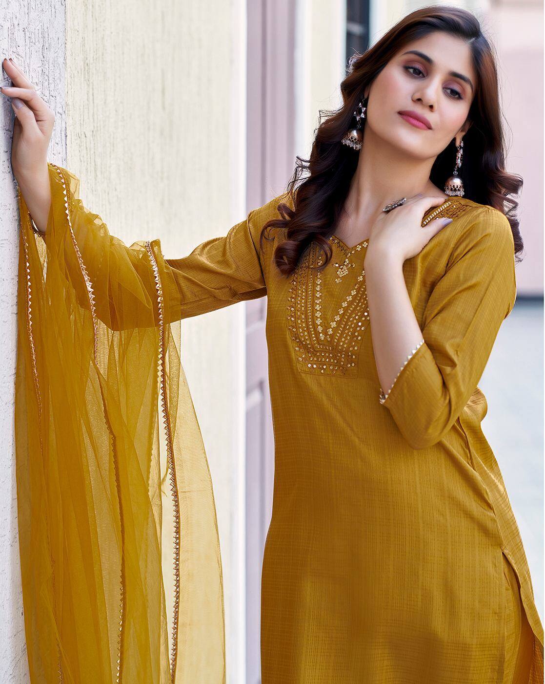SKYLEE Women Embroidered Art Silk Straight Kurta Set with Pants & Net Dupatta | Latest Indian Ethnic Wear for Women Malaysia | Partywear Kurti Suit Online