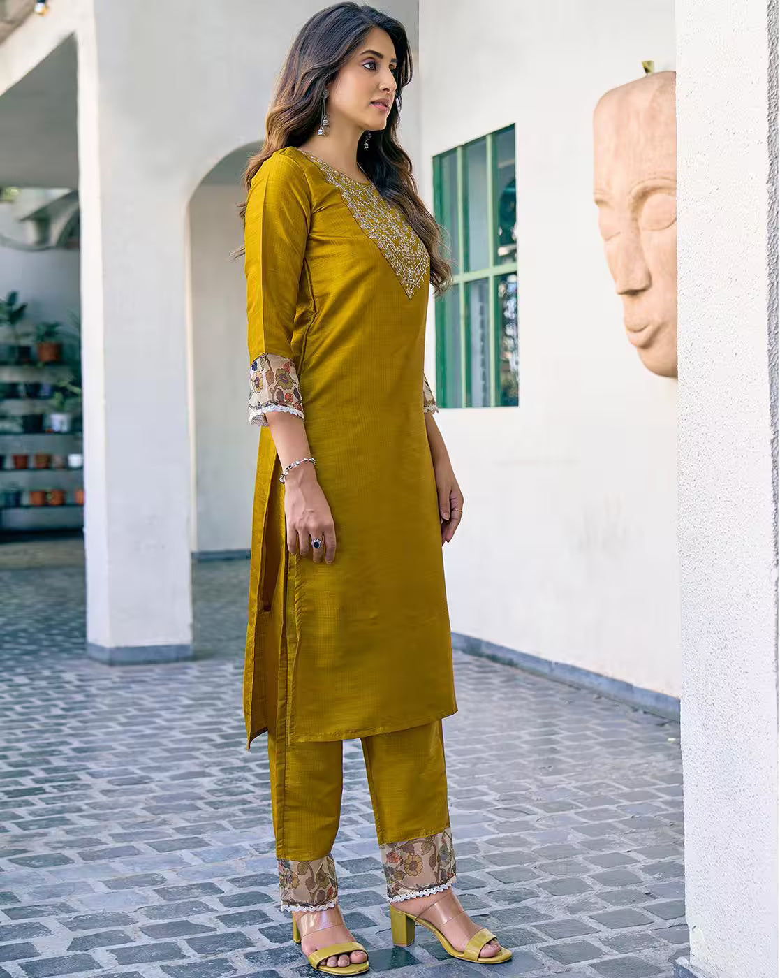 NYRIKA Women’s Embroidered Straight Kurta Set | Art Silk Ethnic Suit with Pants & Dupatta | Indian Pakistani Dress for Women Malaysia Online