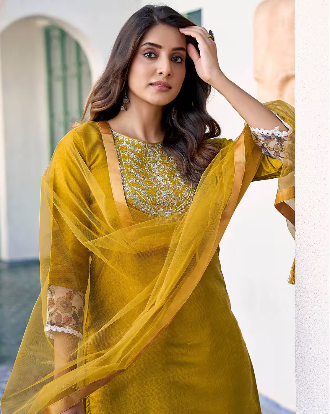 NYRIKA Women’s Embroidered Straight Kurta Set | Art Silk Ethnic Suit with Pants & Dupatta | Indian Pakistani Dress for Women Malaysia Online