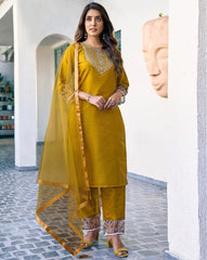 NYRIKA Women’s Embroidered Straight Kurta Set | Art Silk Ethnic Suit with Pants & Dupatta | Indian Pakistani Dress for Women Malaysia Online