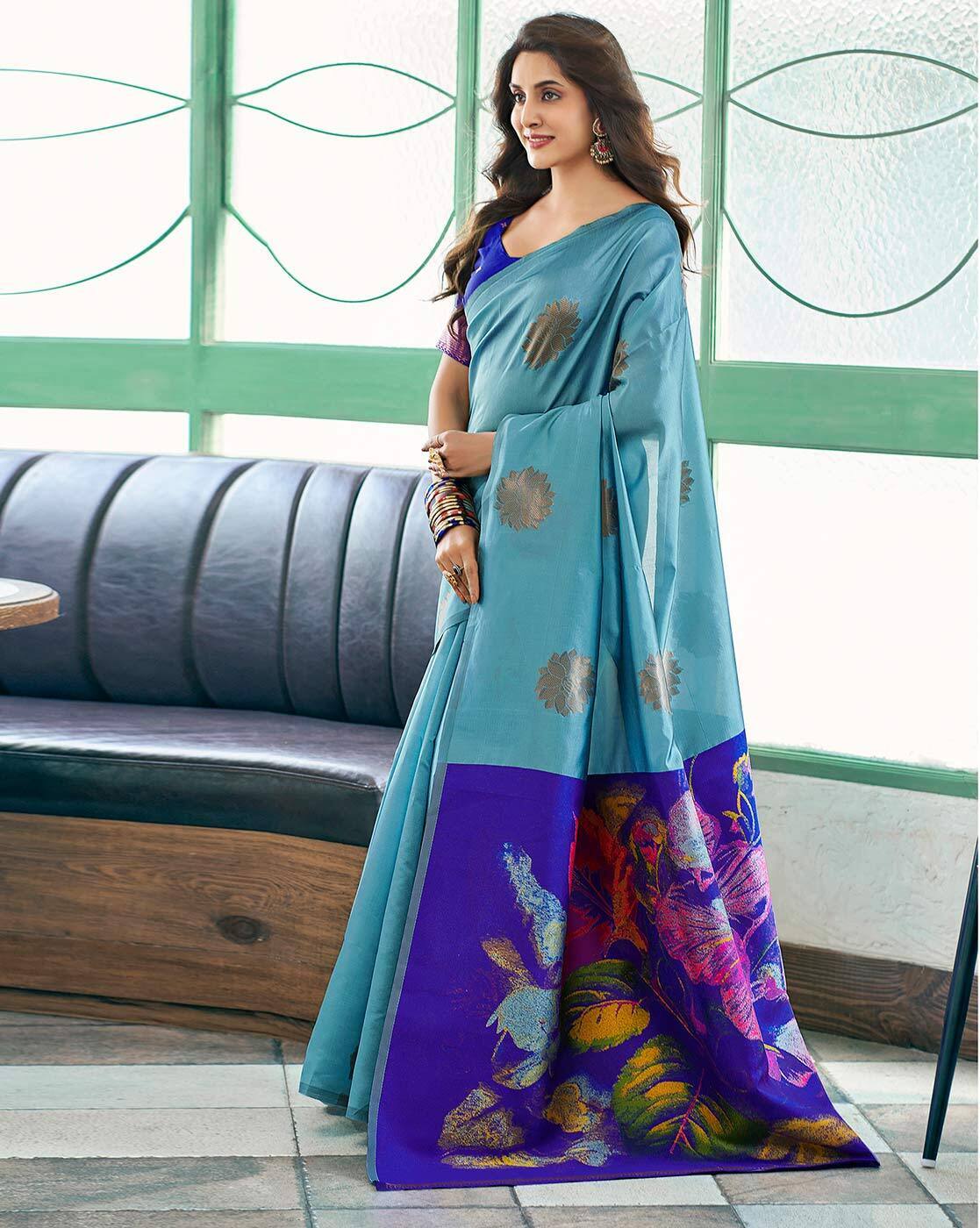 MORLY Women Kanjivaram Silk Saree with Contrast Border | Traditional Indian Saree | Wedding & Party Wear | Premium Silk Saree Malaysia Online