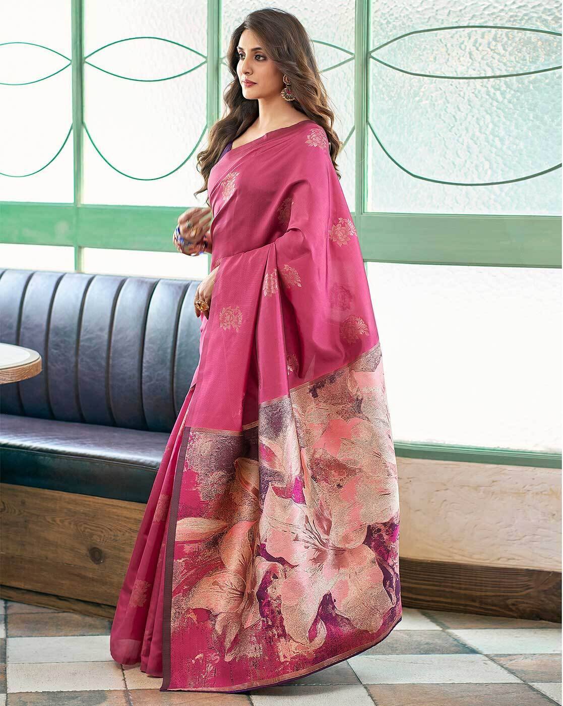 MORLY Women Kanjivaram Silk Saree with Contrast Border | Traditional Indian Saree | Wedding & Party Wear | Premium Silk Saree Malaysia Online