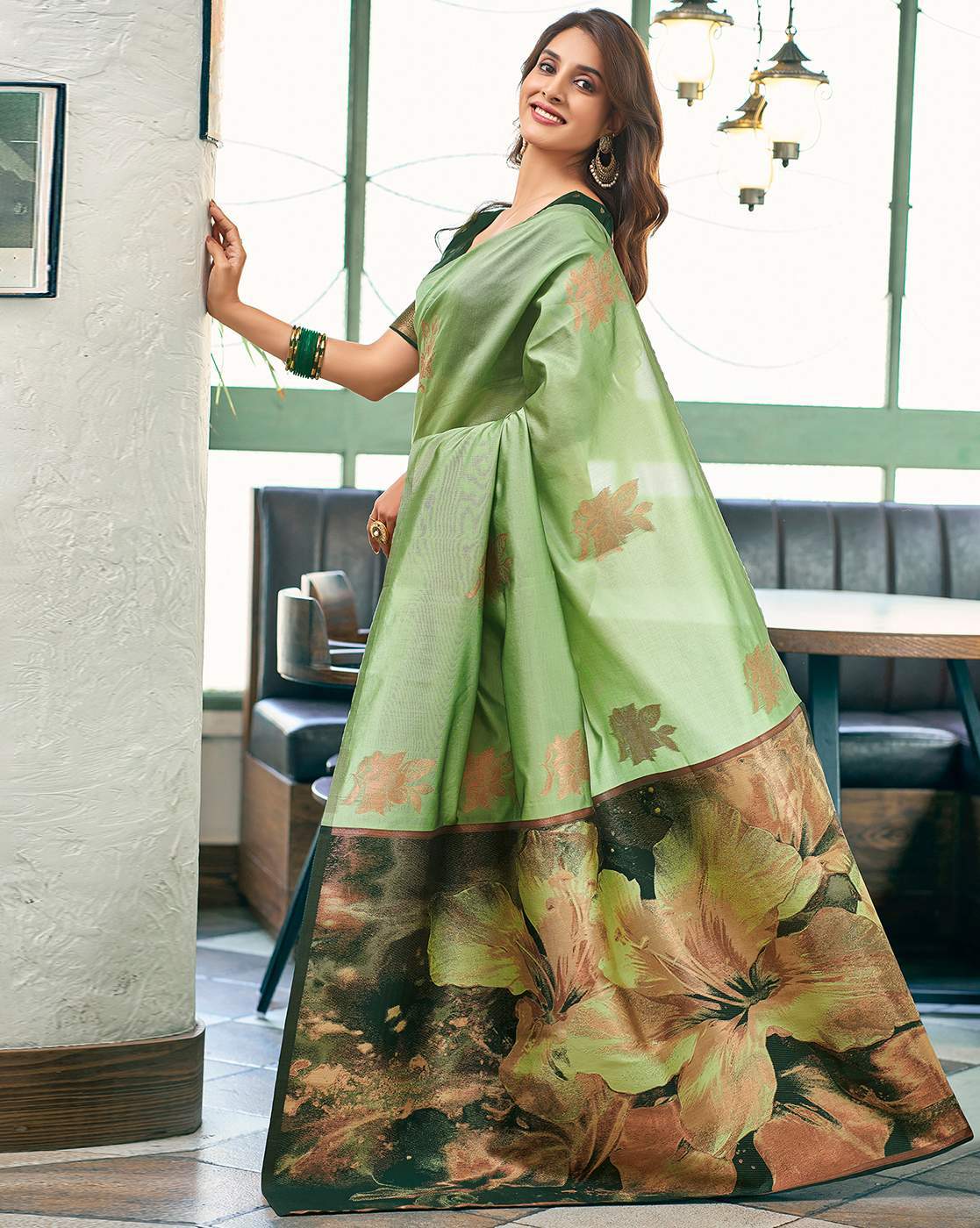 SATRANI Women Floral Silk Saree with Contrast Border | Elegant Party Wear Saree Online Malaysia | Traditional Indian Saree for Wedding & Festive Look