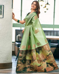 SATRANI Women Floral Silk Saree with Contrast Border | Elegant Party Wear Saree Online Malaysia | Traditional Indian Saree for Wedding & Festive Look