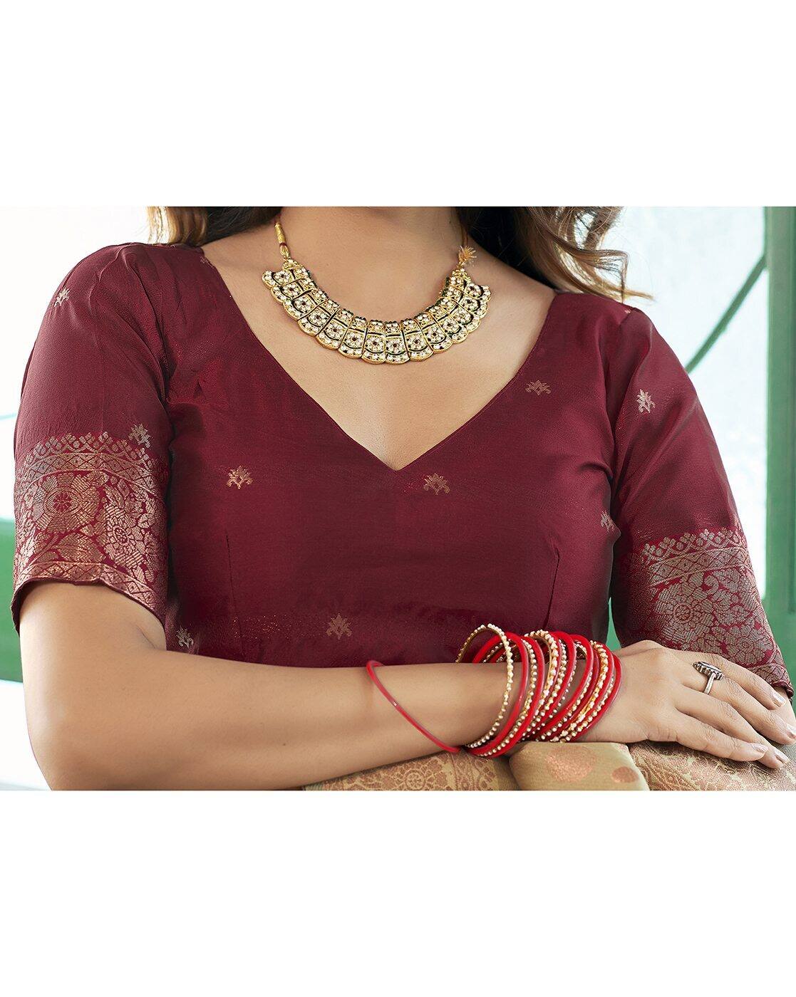 SATRANI Floral Woven Silk Blend Saree with Contrast Blouse Piece | Banarasi Style Indian Saree for Wedding & Party Wear | Silk Saree Online Malaysia