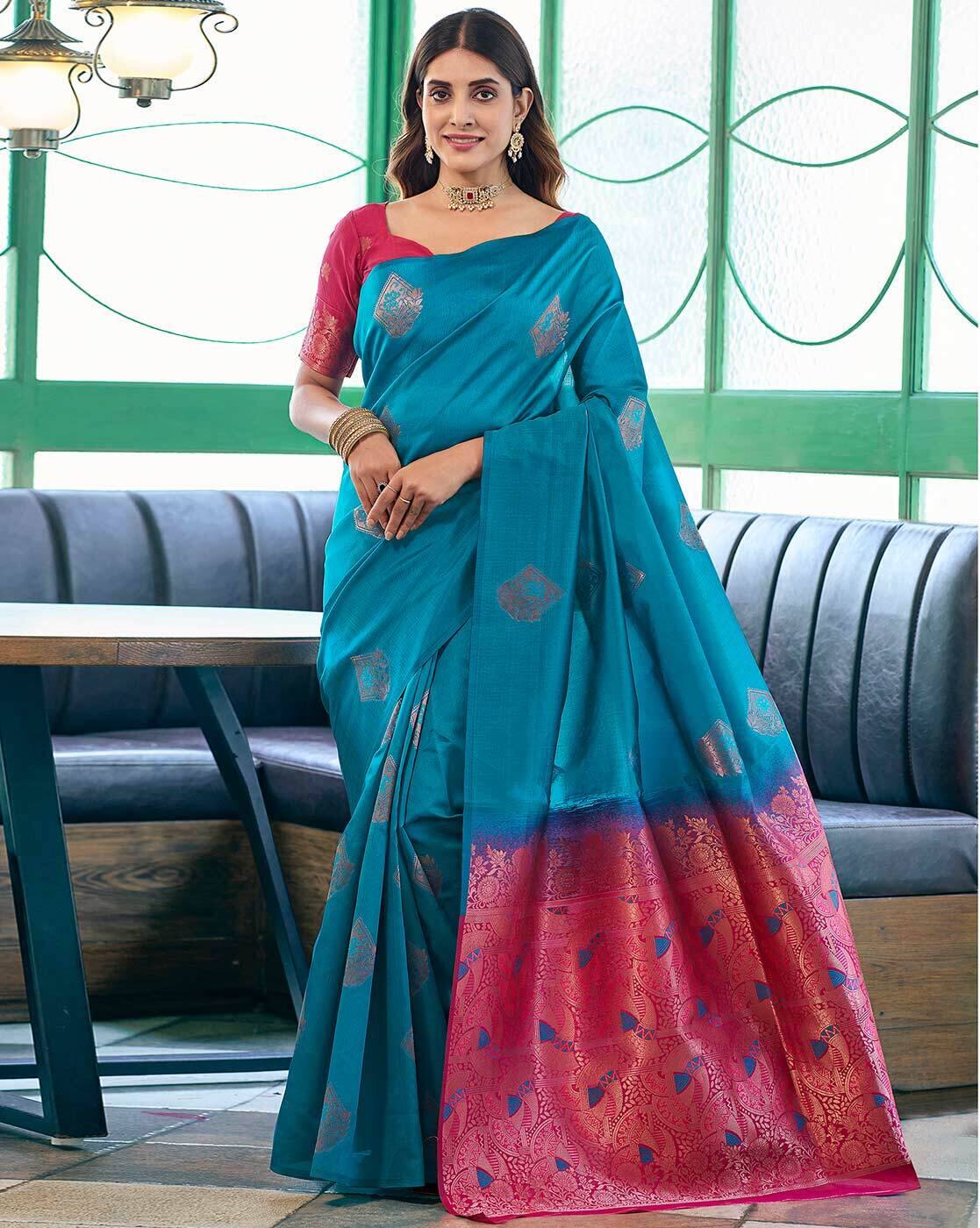SATRANI Floral Woven Silk Blend Saree with Contrast Pallu | Designer Indian Saree for Wedding, Party & Festival Wear Malaysia