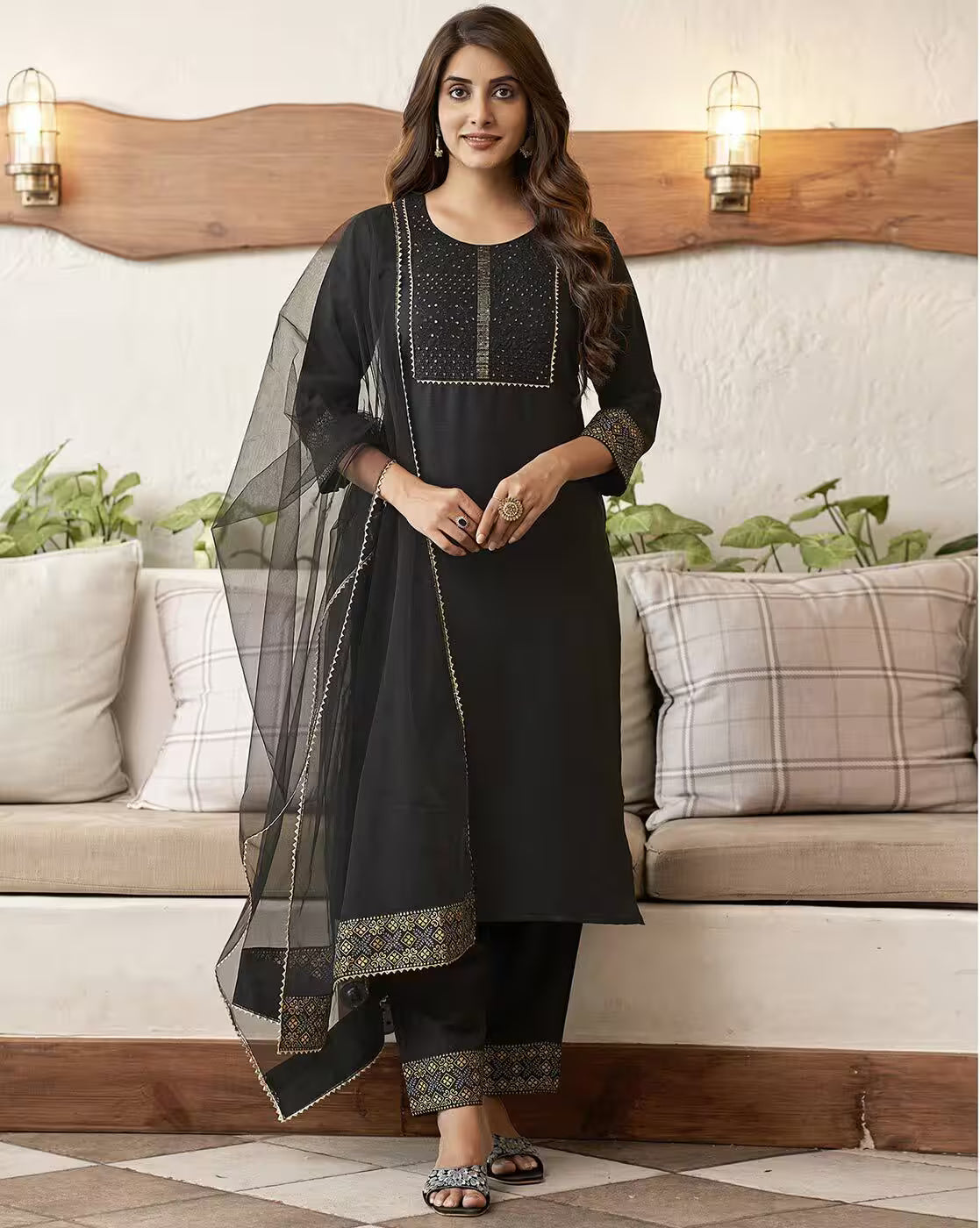 SKYLEE Women Embellished Cotton Blend Straight Kurta Suit Set with Dupatta | Ethnic Wear for Party, Wedding & Festive | Indian Pakistani Salwar Suit Dress Malaysia