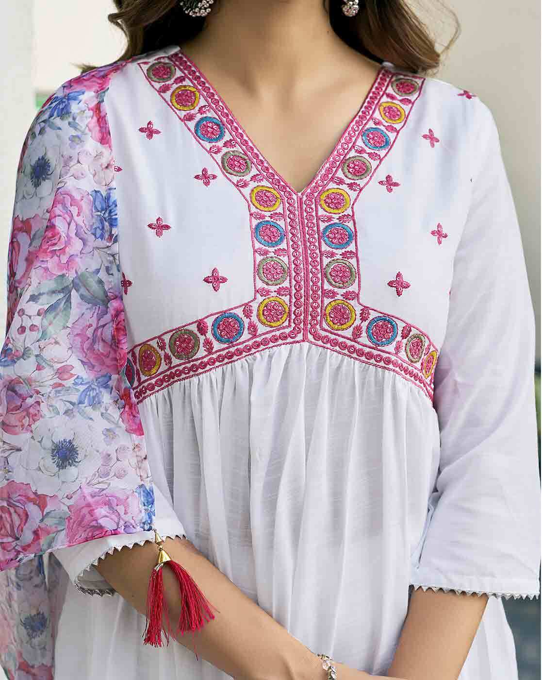 SKYLEE Women Embroidered Straight Kurta Set with Pant & Dupatta | Indian Ethnic Wear | Cotton Blend Kurti Suit for Women Malaysia Online Shopping