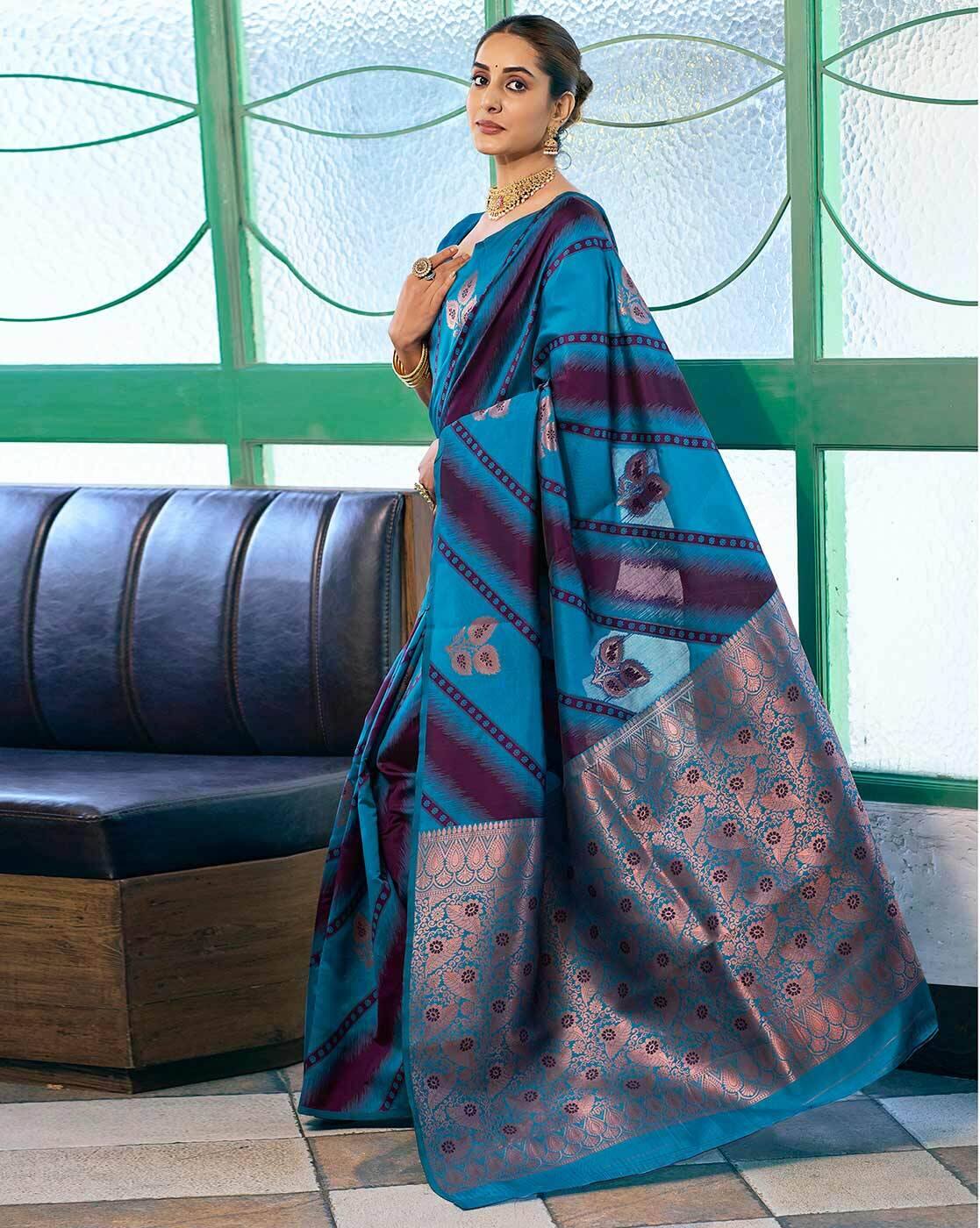 SATRANI Floral Silk Blend Saree with Woven Motifs | Designer Indian Saree Online Malaysia | Wedding & Party Wear Saree Collection