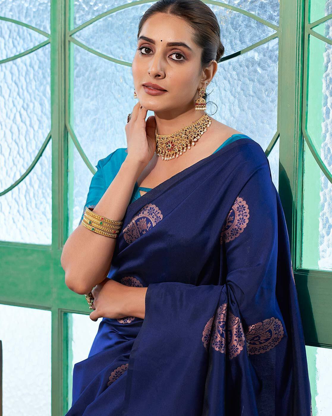 SATRANI Women Printed Silk Blend Saree with Contrast Border | Latest Indian Saree Online Shopping  | Casual & Party Wear Designer Saree with Blouse Piece