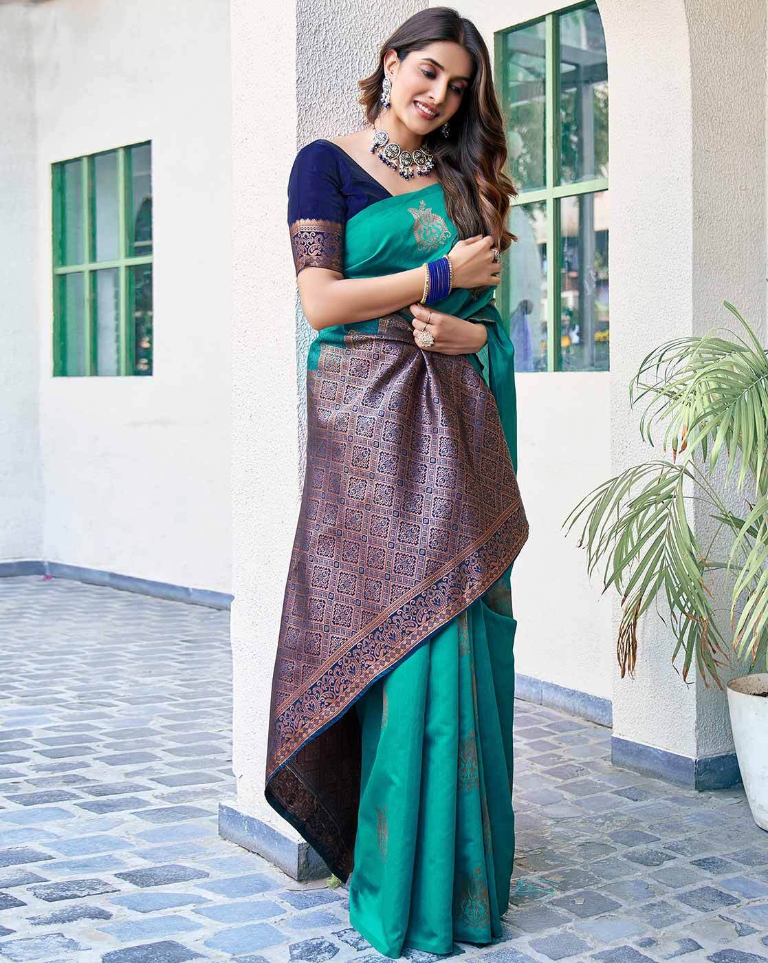 RASVRITI Women’s Banarasi Silk Saree | Premium Woven Motifs Traditional Indian Saree | Wedding, Party & Festive Wear Saree with Blouse Piece – Malaysia