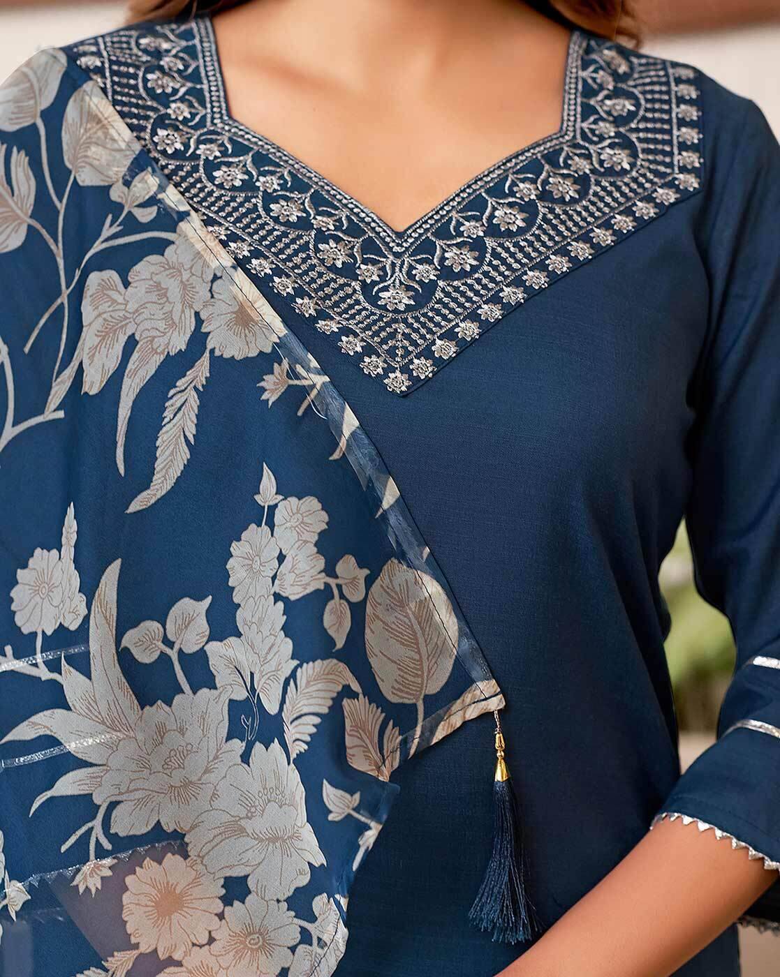SKYLEE Women Embroidered Straight Kurta Set with Organza Dupatta | Cotton Blend Kurti Pant Suit | Latest Indian Ethnic Wear Malaysia | Women Kurung Set for Festive & Casual Wear