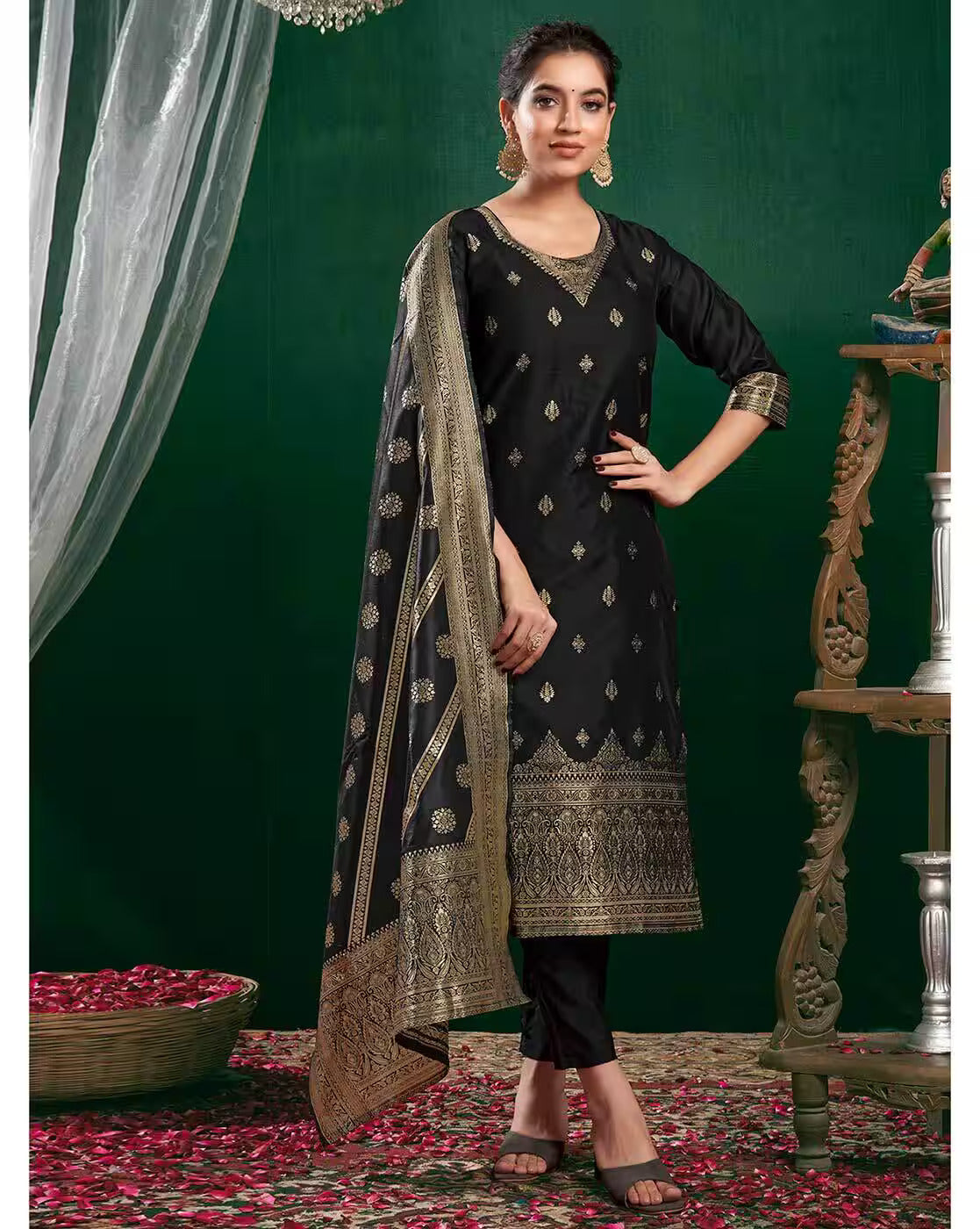 SKYLEE Women Printed Silk Blend Straight Kurta Suit Set with Dupatta & Pants | Stylish Indian Ethnic Wear for Women Malaysia