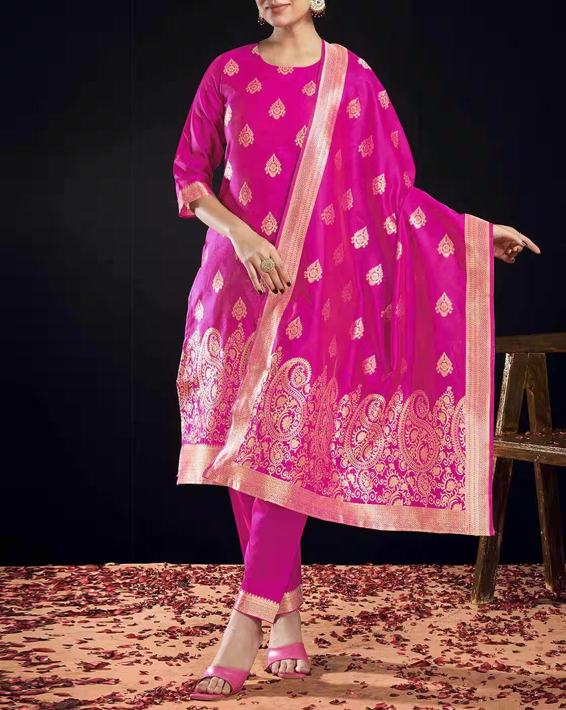 SKYLEE Women’s Silk Blend Woven Straight Kurta Suit Set with Dupatta | Indian Ethnic Wear Kurti Pant Set | Party Wear Kurta Set for Women Malaysia