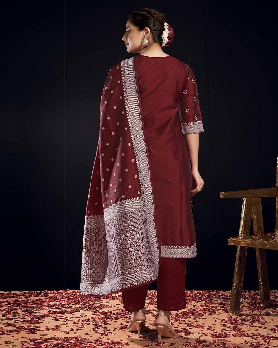 SKYLEE Women’s Floral Woven Silk Blend Straight Kurta Suit Set with Dupatta & Pants | Stylish Ethnic Wear for Women Malaysia | Party & Festive Kurti Set