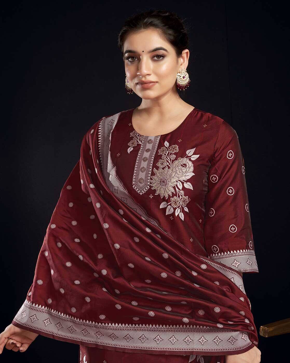 SKYLEE Women’s Floral Woven Silk Blend Straight Kurta Suit Set with Dupatta & Pants | Stylish Ethnic Wear for Women Malaysia | Party & Festive Kurti Set